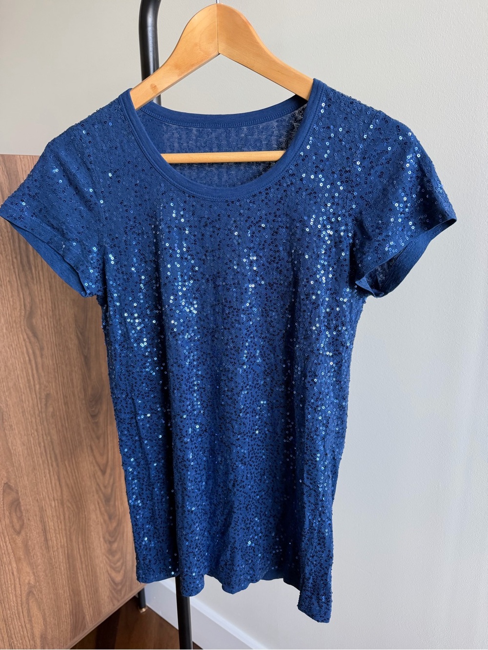 Vintage Blue Sequin Embellished Short Sleeve Long T-Shirt Size M